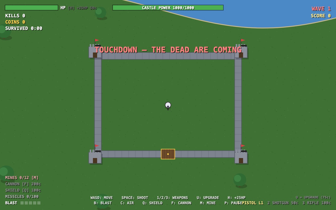 Castle Defense mode: walls, towers, door and castle power bar